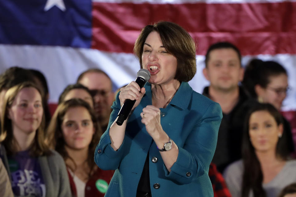 Democratic presidential candidate Sen. Amy Klobuchar, D-Minn., addresses a gathering at Franklin Junior High School in Des Moines, Iowa, Saturday, Feb. 1, 2020. (AP Photo/Gene J. Puskar)