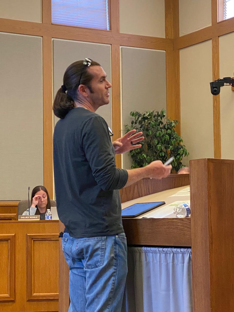 Westerville's Karrick Sherrill, managing partner of Columbus Design, LLC, discusses a conceptual plan for three parcels at the northeast corner of Sunbury and Central College roads at a May 25 Westerville Planning Commission workshop.