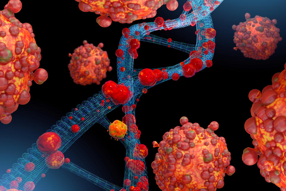 3D generated image of DNA spiral being attacked by monkeypox Virus.