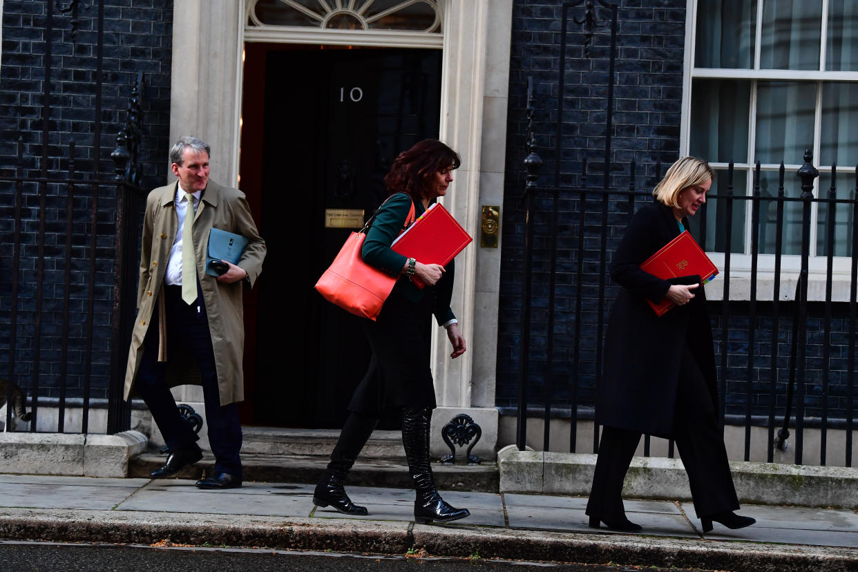 Education Secretary Damian Hinds, Minister for Energy and Clean Growth Claire Perry and Works and Pensions Secretary Amber Rudd leaving Downing Street, London, following a cabinet meeting.I
