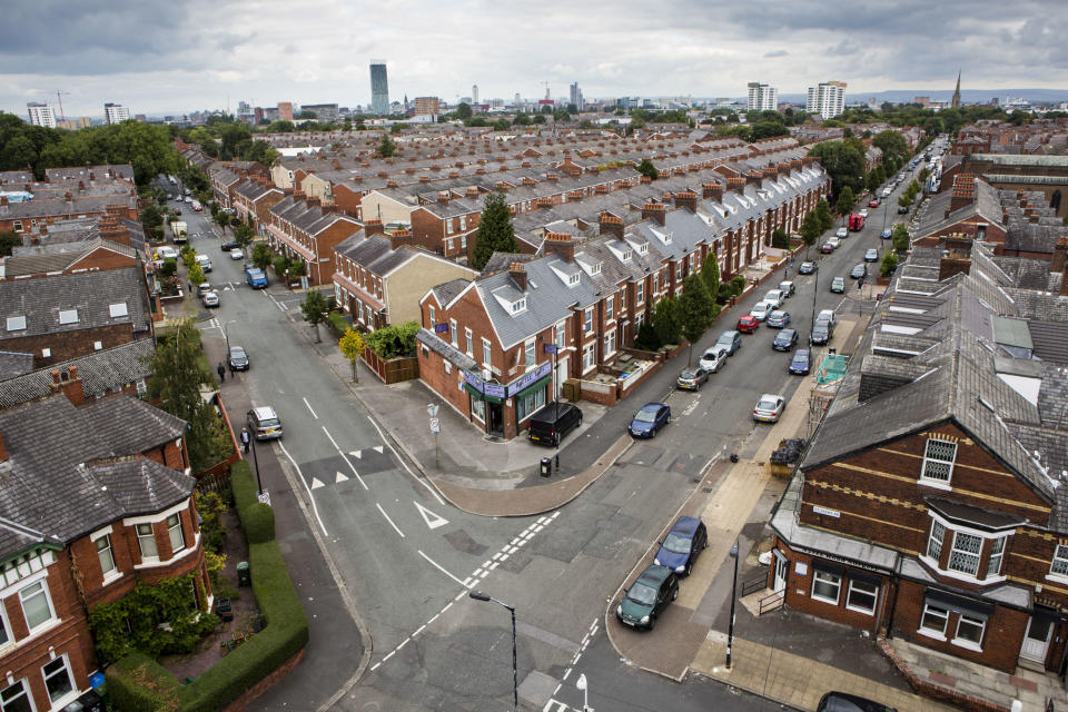 The corner of St John's road and Ayers road from the top of St John's Church. Trafford, Manchester. Greater Manchester. (Photo by In Pictures Ltd./Corbis via Getty Images)