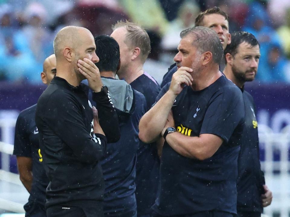 Ange Postecoglou, right, before a washed-out friendly with Leicester in Bangkok (Reuters)