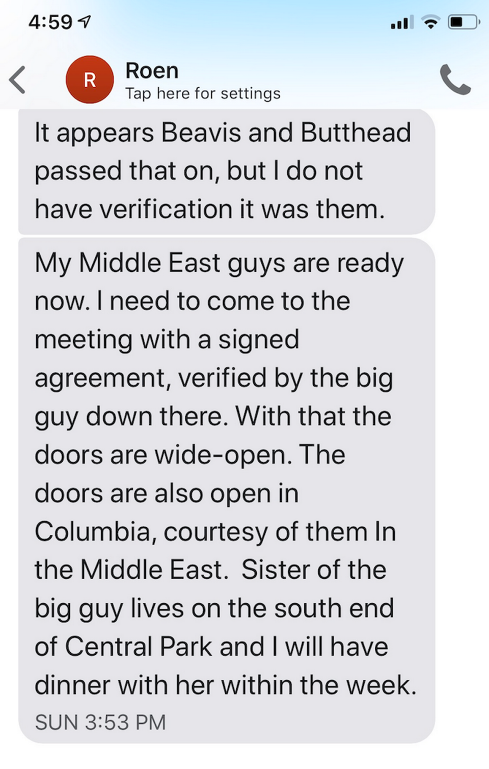 A screenshot of text messages from, according to Goudreau, Roen Kraft. Goudreau said ‘Beavis and Butthead’ refers to Lester Toledo and Jorge Betancourt, the ‘sister’ is Juan Guaidó’s sister and ‘Middle East guys’ are some Middle Eastern investors who were interested in the project.