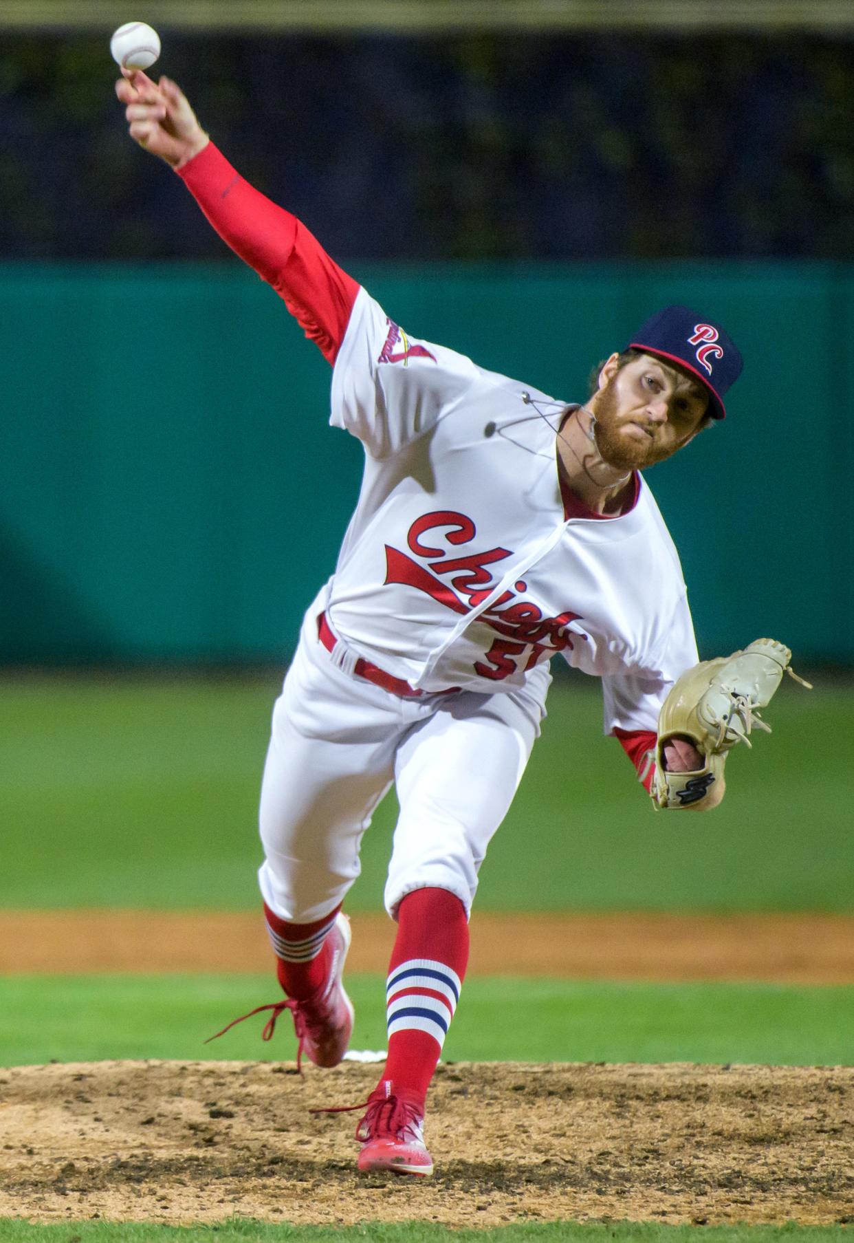 Peoria's Joe King throws against Beloit in the ninth inning of the Chiefs' 5-3 home-opening win Tuesday, April 9, 2024 at Dozer Park in Peoria.