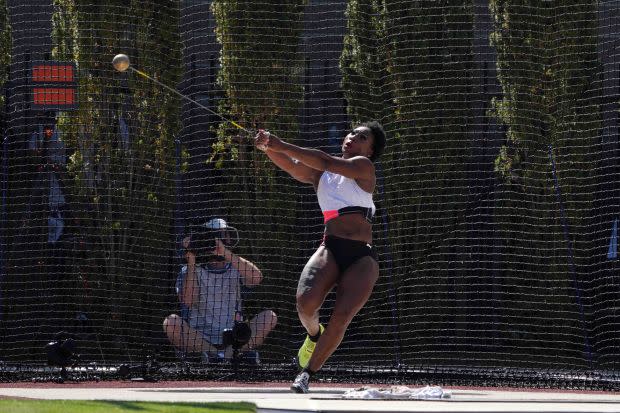 Gwen Berry places third in the women's hammer with a throw of 241-2 (73.50m) during the US Olympic Team Trials at Hayward Field.