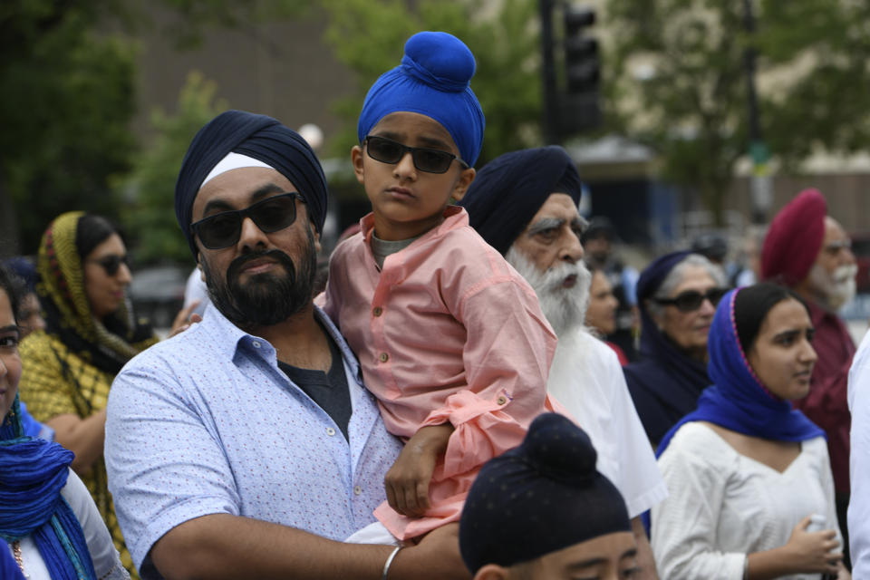 Members of the Sikh community walk during the Parliament of World Religion Parade of Faiths, Sunday, Aug. 13, 2023, in Chicago. (AP Photo/Paul Beaty)
