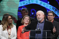 Former Brazilian President Luiz Inacio Lula da Silva, who is running for president again, speaks to supporters after general election polls closed in in Sao Paulo, Brazil, Sunday, Oct. 2, 2022. (AP Photo/Andre Penner)