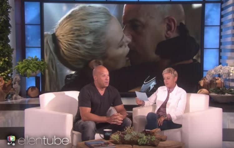 Vin Diesel has defended his kissing technique in the latest <i>Fate Of The Furious</i> film, after co-star Charlize claimed the actor had 'dead fish' lips. Source: Ellen