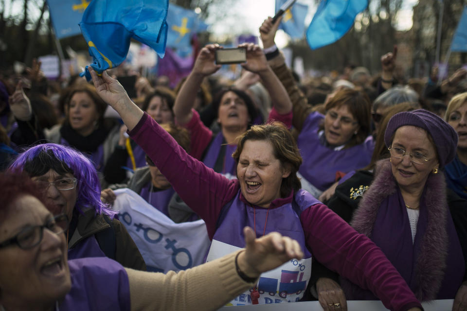 Protestors shout slogans as they march towards the Spanish Parliament during a protest against government's plan to implement major restrictions on abortion in Madrid, Spain, Saturday, Feb. 1, 2014. The rally was organized Saturday by dozens of women's groups that fight for reproductive rights. (AP Photo/Andres Kudacki)