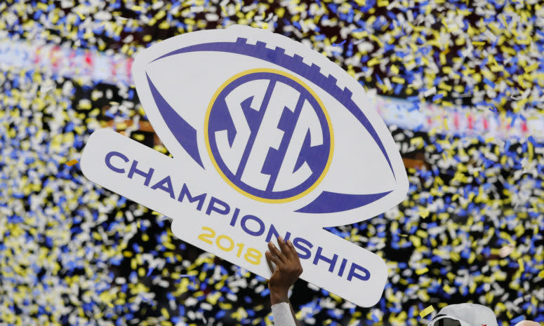 Confetti falls after the Alabama Crimson Tide defeated the Georgia Bulldogs 35-28 in the 2018 SEC Championship Game