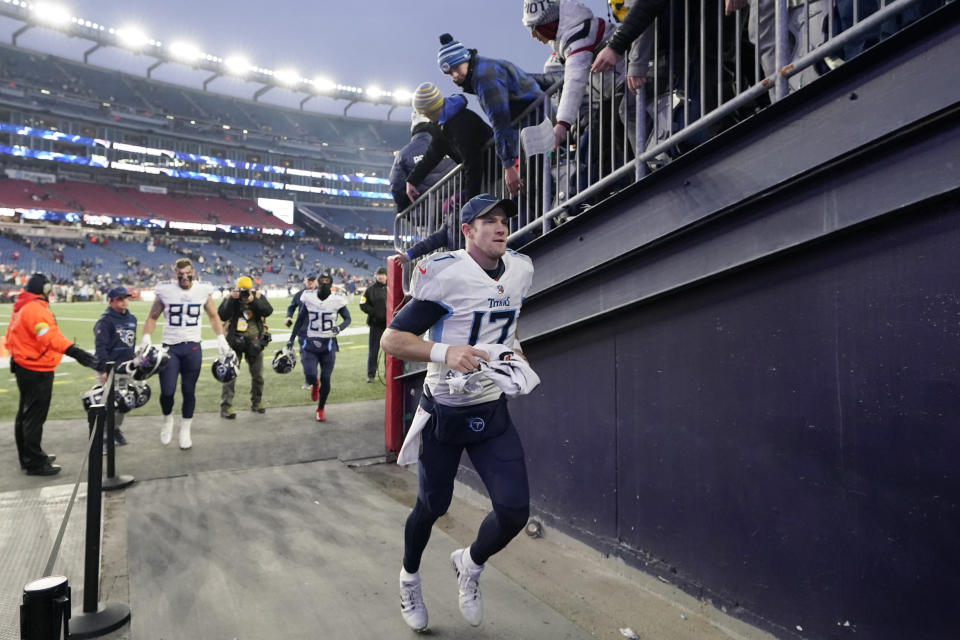 Tennessee Titans quarterback Ryan Tannehill (17) heads to the locker room after a 36-13 loss to the New England Patriots after an NFL football game, Sunday, Nov. 28, 2021, in Foxborough, Mass. (AP Photo/Steven Senne)