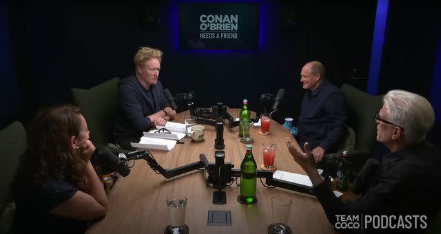 <p>Team Coco/YouTube</p> (left to right) Sona Movsesian, Conan O'Brien, Woody Harrelson, Ted Danson