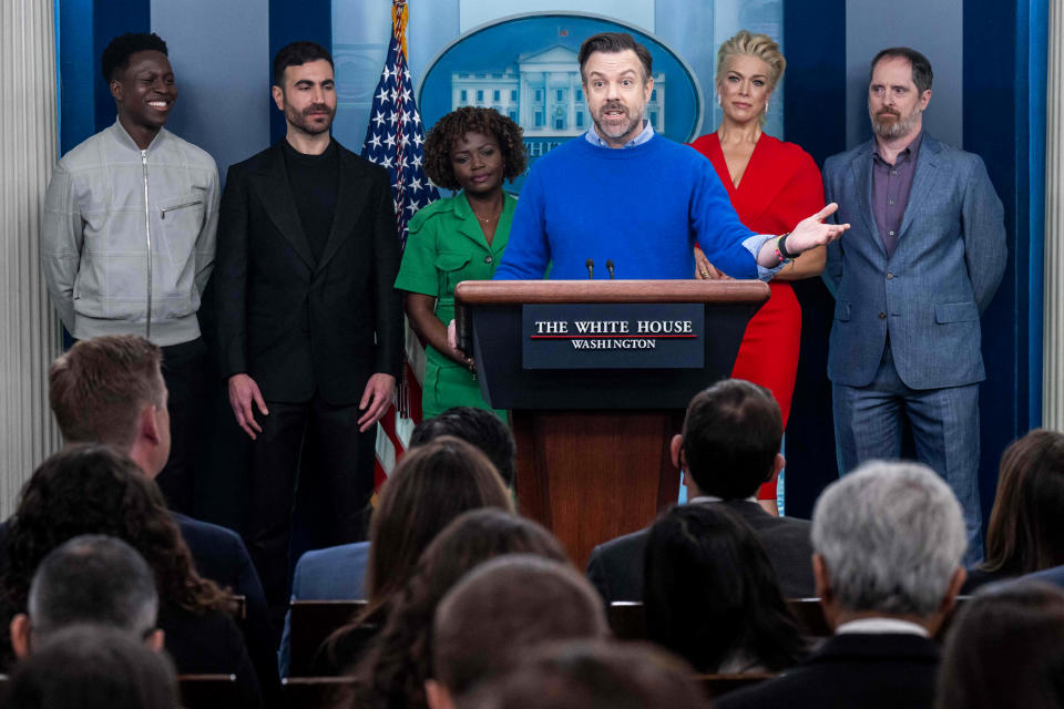 Jason Sudeikis speaks alongside fellow castmates from Ted Lasso at the White House on March 20, 2023. (Saul Loeb / AFP - Getty Images)