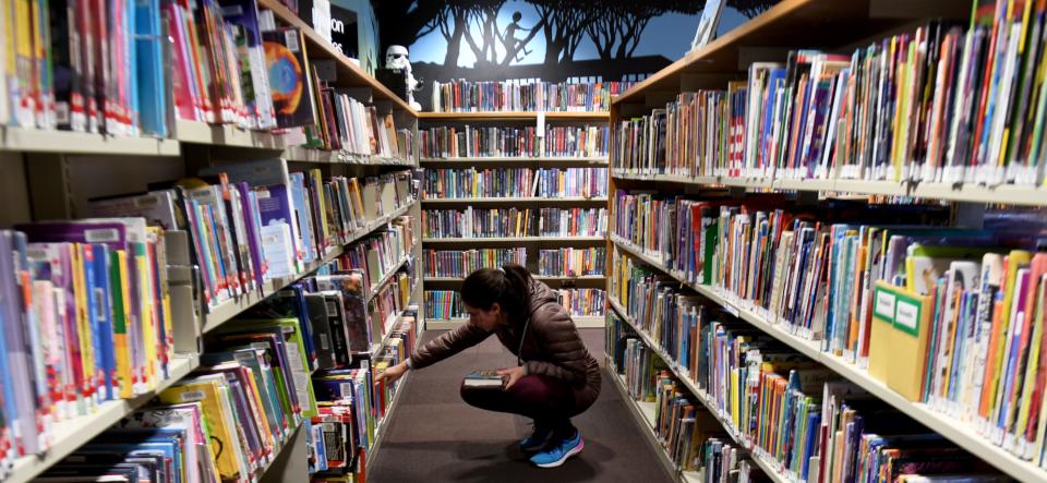 Lindsay Kahlenberg of Green picks out a selection of books for her children on a recent trip to North Canton Public Library.