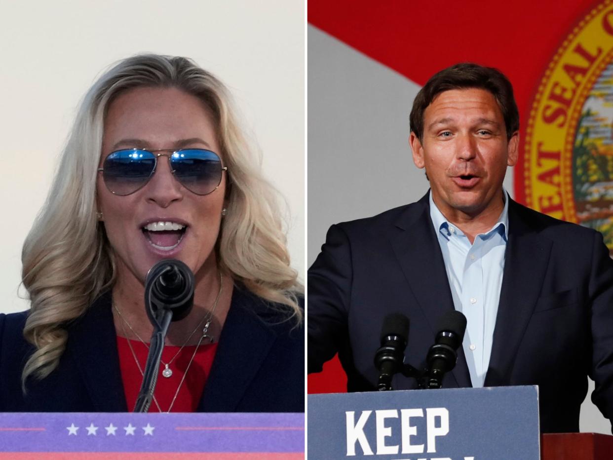 U.S. Rep. Marjorie Taylor Greene speaks during a rally by U.S. President Donald Trump at the Dayton International Airport on November 7, 2022 in Ohio, Republican Florida Gov. Ron DeSantis speaks at a campaign rally at the Cheyenne Saloon on November 7, 2022 in Orlando, Florida.