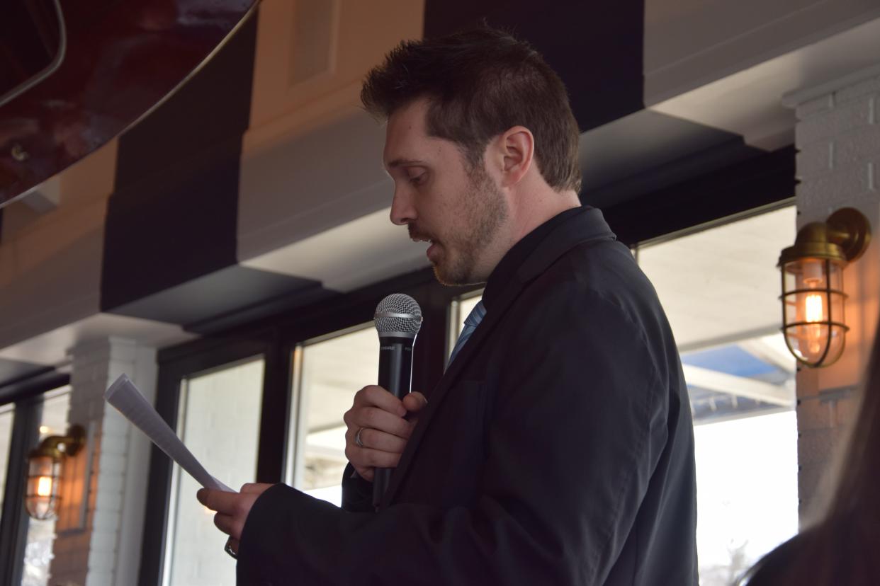 Harbor Springs City Manager Victor Sinadinoski speaks during the 2024 State of the Community at Stanford Pier on March 14, 2024.