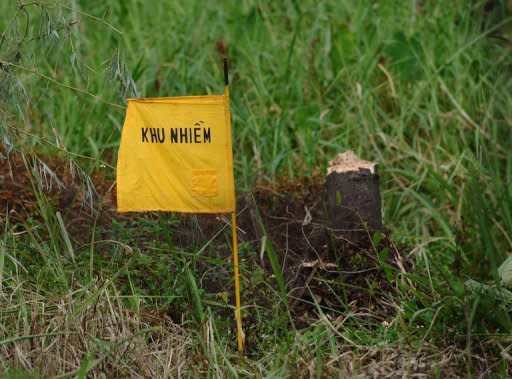 A dioxin-contaminated area is marked with a yelow flag near Danang Airbase. From deformed infants to grandparents with cancer, families near Vietnam's Danang Airbase have long blamed the toxic legacy of war for their ills. Now after a decades-long wait, a historic "Agent Orange" clean-up is finally beginning