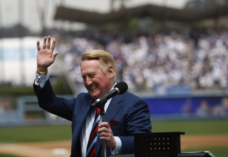 Vin Scully will go down as a baseball legend. (Getty Images/Allen J. Schaben)
