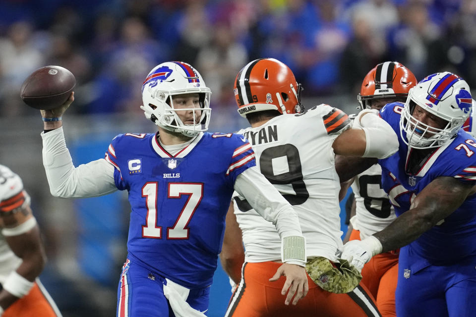 Buffalo Bills quarterback Josh Allen throws during the second half of an NFL football game against the Cleveland Browns, Sunday, Nov. 20, 2022, in Detroit. (AP Photo/Paul Sancya)