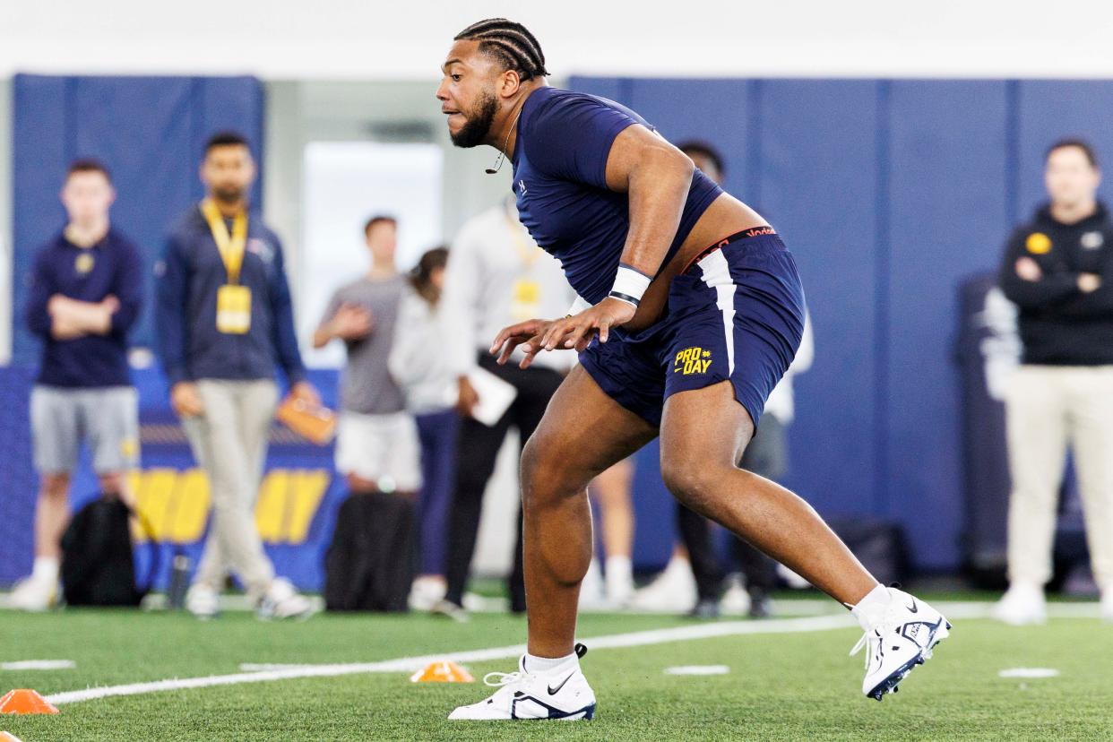 Notre Dame offensive lineman Blake Fisher can play both left and right tackle, something that is appealing to the Bengals. Fisher could be had in the third round, which would enable the Bengals to address other needs first.