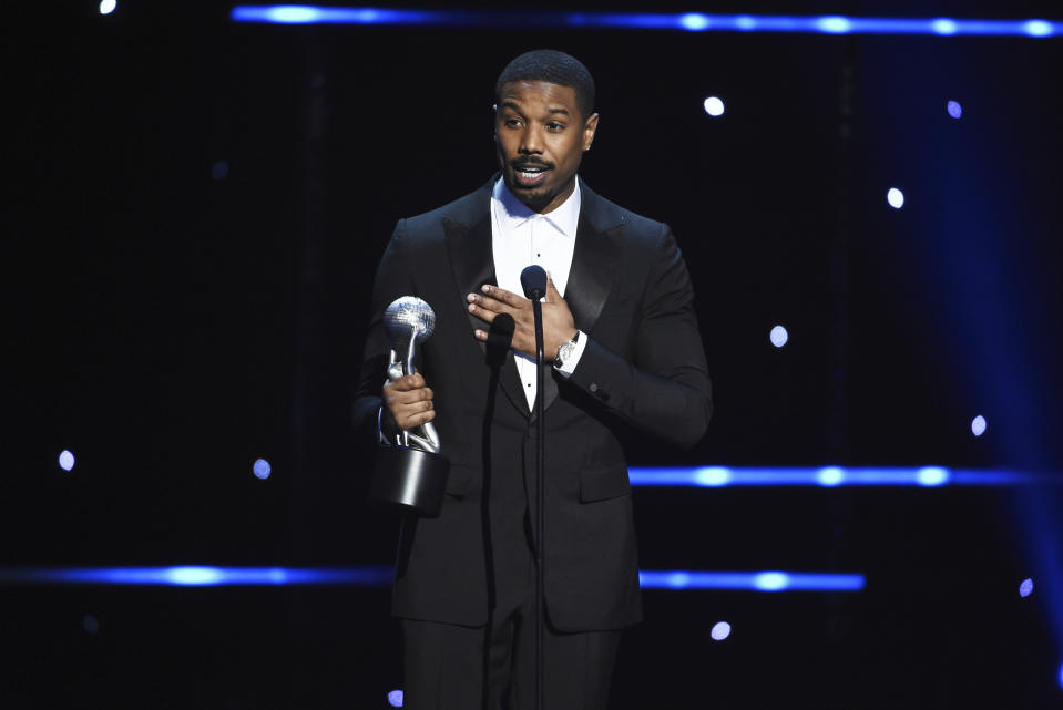 Michael B. Jordan wins the award for outstanding actor in a motion picture for "Just Mercy" at the 51st NAACP Image Awards at the Pasadena Civic Auditorium on Saturday, Feb. 22, 2020, in Pasadena, Calif. (AP Photo/Chris Pizzello)