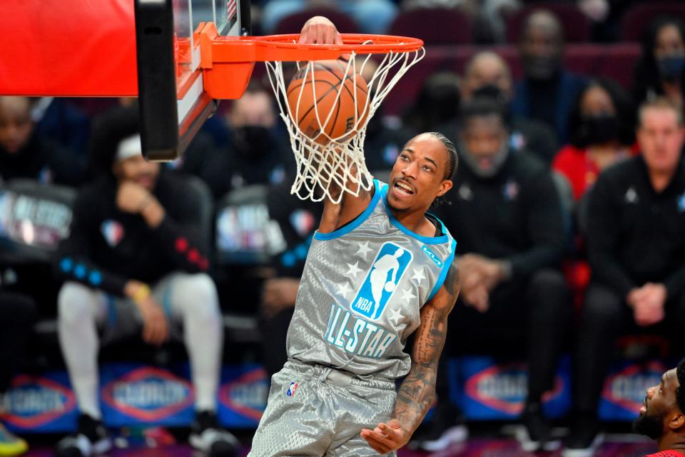 DeMar DeRozan of Team LeBron throws down the one-handed slam during the first quarter of the All-Star Game.