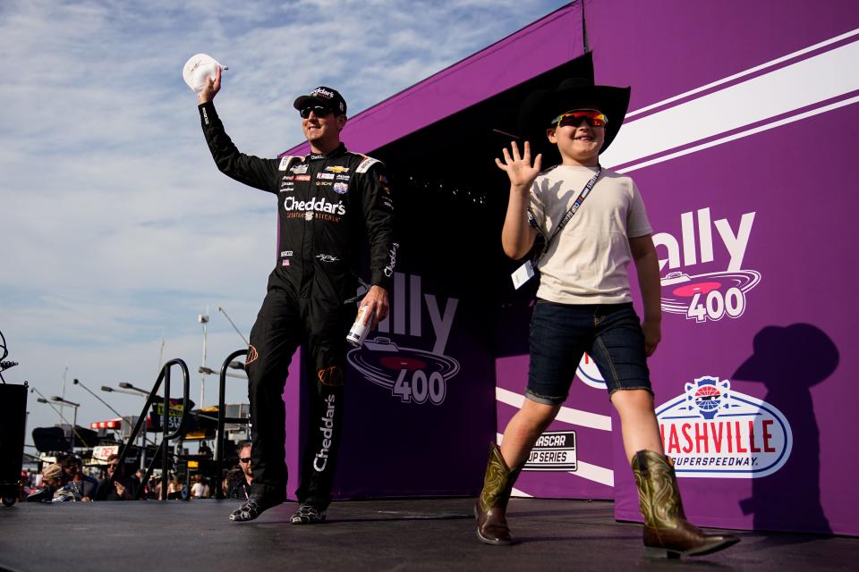 NASCAR Cup Series driver Kyle Busch is introduced before the Ally 400 race at Nashville Superspeedway in Lebanon, Tenn., Sunday, June 25, 2023.