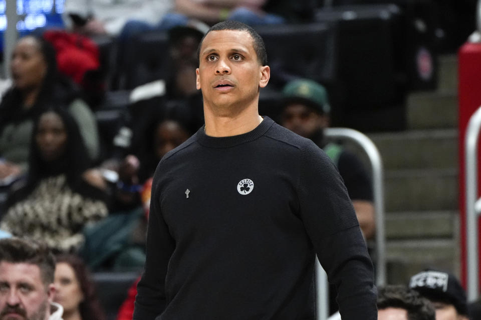 Boston Celtics head coach Joe Mazzulla watches against the Detroit Pistons in the second half of an NBA basketball game in Detroit, Friday, March 22, 2024. (AP Photo/Paul Sancya)