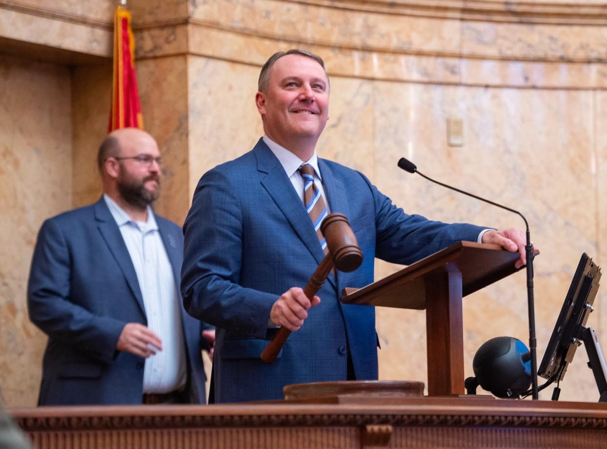 Mississippi House Speaker Jason White, R-West, calls the meeting to order on the last day at the Mississippi State Capitol in Jackson on Saturday morning. "Let the house come to order, one last time," White said.