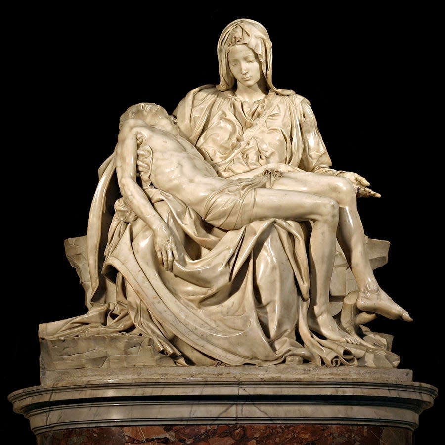 "La Pietà," a sculpture in Vatican City, features Mary holding Jesus, her son, after he was crucified and was taken off the cross. The photo is from the book "Michelangelo: A Life in Six Masterpieces," by Miles J. Unger.