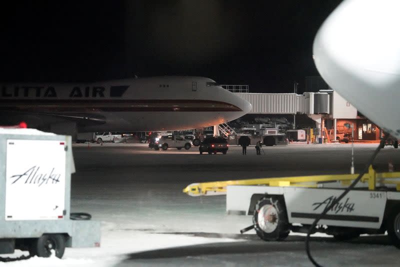 An aircraft chartered by the U.S. State Department to evacuate government employees from the novel coronavirus threat in the Chinese city of Wuhan, arrives at Ted Stevens Anchorage International Airport