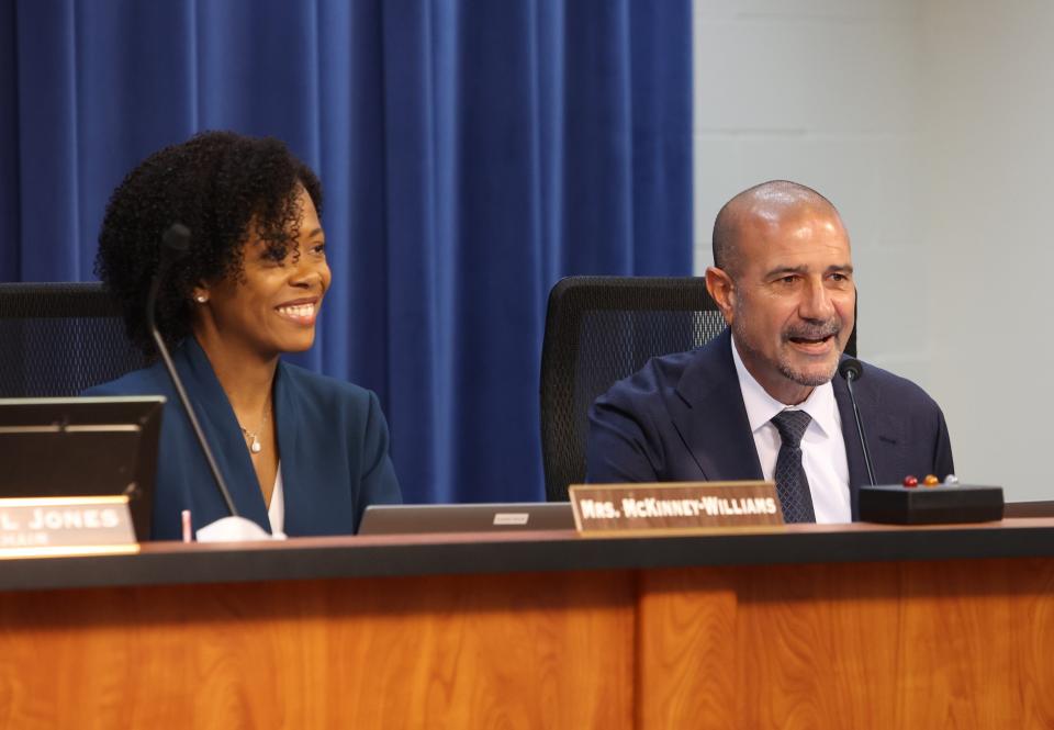 Superintendent Rocky Hanna, right, speaks at a Leon County School Board meeting on Tuesday, Nov. 22, 2022.