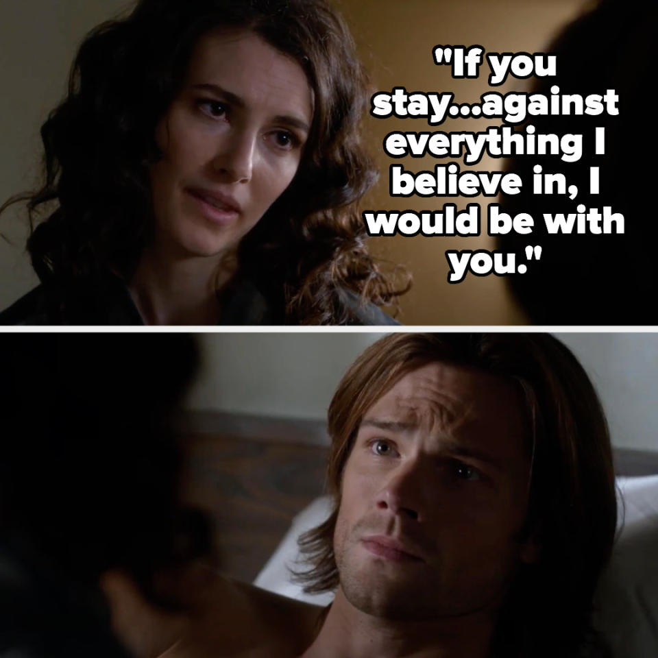 Amelia tells dean "If you stay...against everything I believe in, I would be with you"