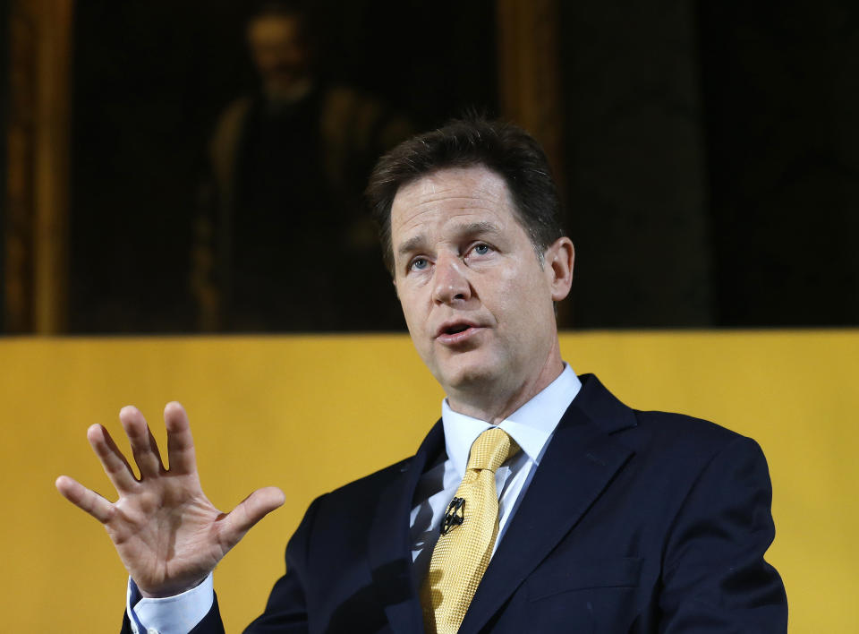 FILE - In this April 28, 2015 file photo, Nick Clegg, then leader of Britain's Liberal Democrat party, speaks at a press conference in London. Speaking at the Atlantic Festival in Washington on Tuesday, Sept. 24, 2019, Nick Clegg, Facebook's vice president of global affairs, said the company has exempted politicians from its fact checking program for more than a year. But if politicians share previously debunked links or other material, those will be demoted and banned from being included in ads.. (AP Photo/Kirsty Wigglesworth, File)