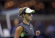 Anna Kalinskaya, of Russia, reacts to winning a point against Sloane Stephens, of the United States, during the first round of the U.S. Open tennis tournament Tuesday, Aug. 27, 2019, in New York. (AP Photo/Adam Hunger)