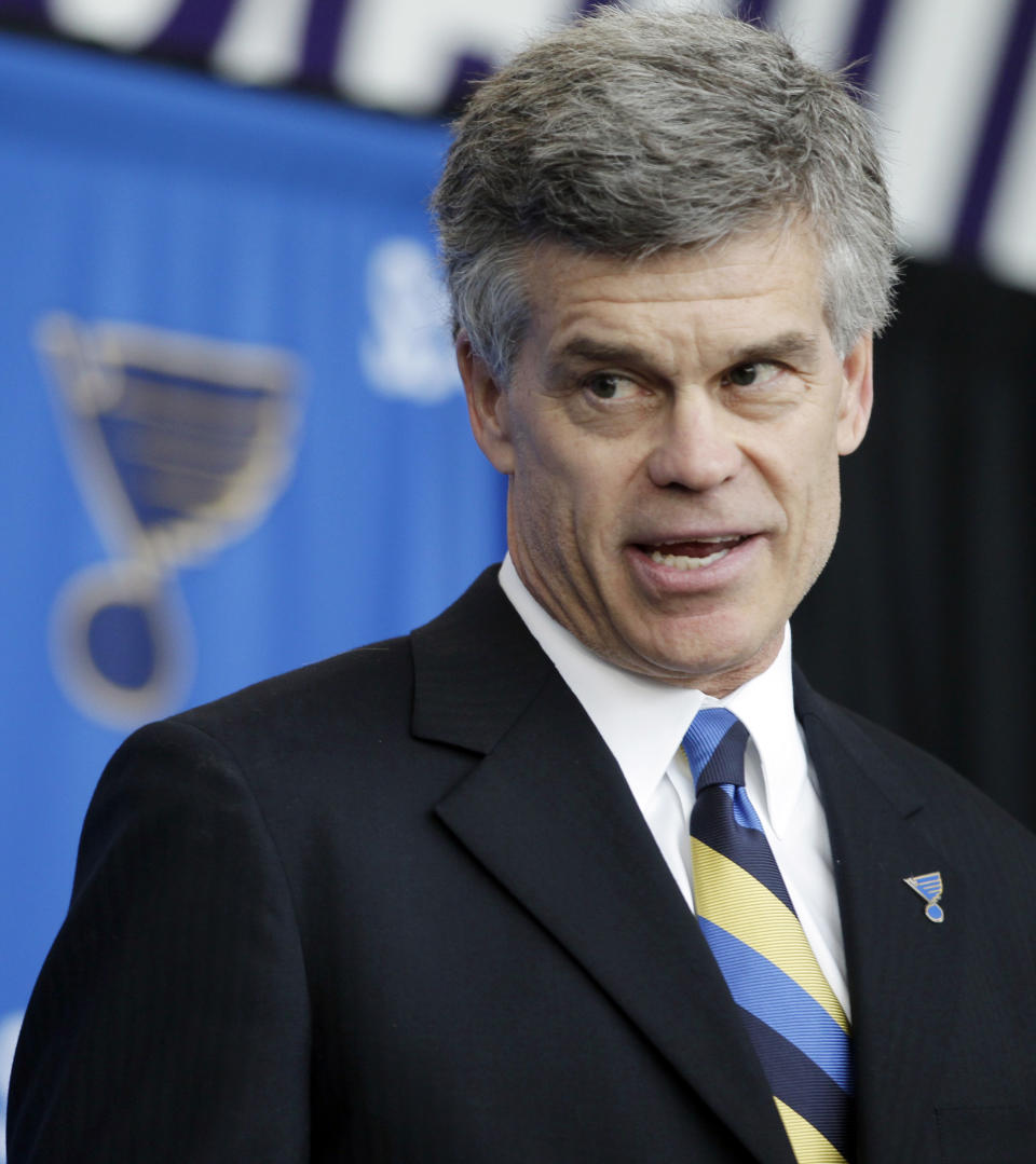 Tom Stillman is introduced as the new majority owner of the St. Louis Blues NHL hockey club during a news conference, Thursday, May 10, 2012, in St. Louis. The Stillman group will become the eighth owner of the Blues since the franchise started in 1966. (AP Photo/Jeff Roberson)