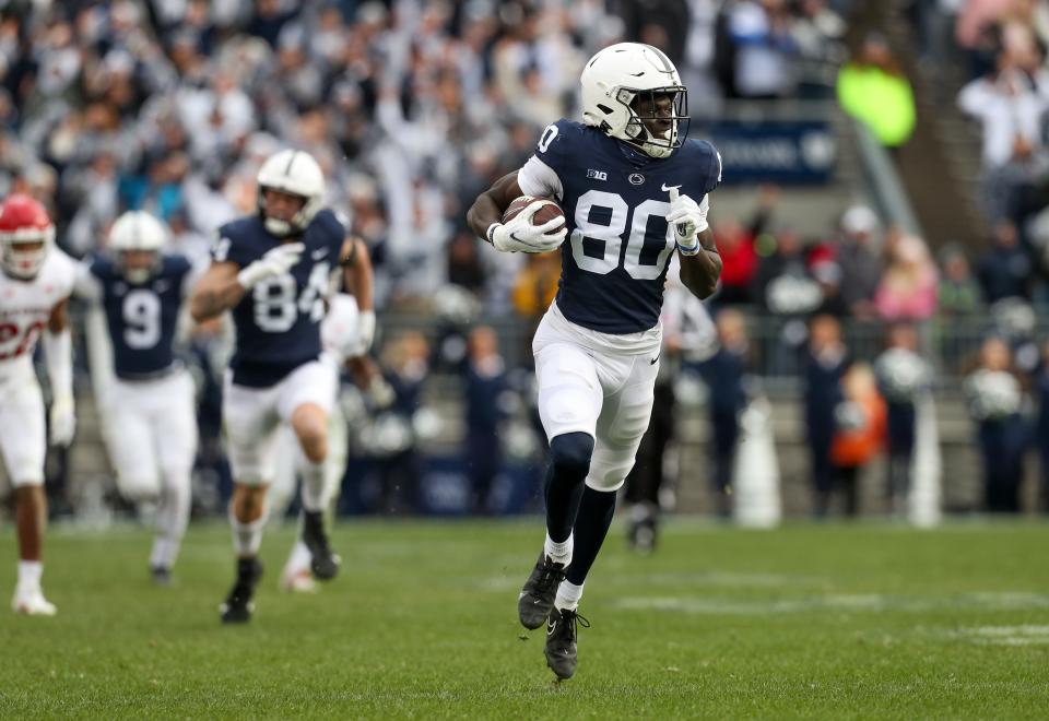Penn State Nittany Lions wide receiver Malick Meiga (80) breaks free for a long touchdown last November against Rutgers in Beaver Stadium. Penn State won, 28-0. Can he be more than seldom-used backup this season? Mandatory Credit: Matthew OHaren-USA TODAY Sports
(Photo: Matthew OHaren, Matthew OHaren-USA TODAY Sports)