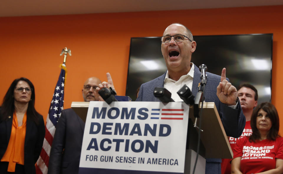 FILE - Fred Guttenberg, father of 14-year-old daughter Jaime Guttenberg, who was was killed in the Marjory Stoneman Douglas High School shooting on Feb. 14, 2018, speaks during a news conference with the Moms Demand Action group on Thursday, Aug. 29, 2019, in Coral Springs, Fla. (AP Photo/Brynn Anderson, File)