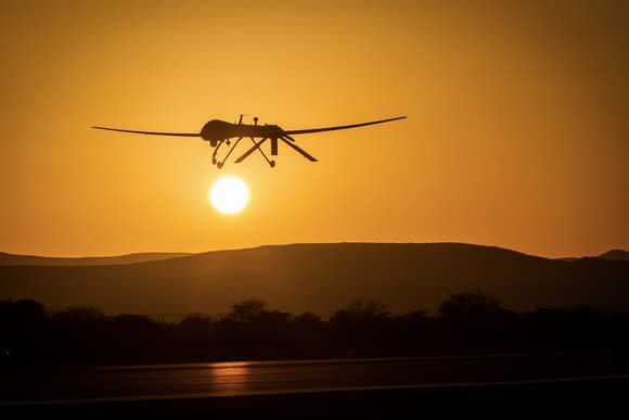 A military drone in flight.