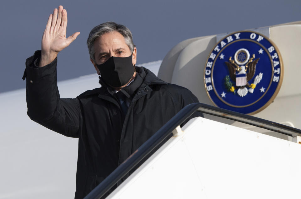 United States Secretary of State Antony Blinken as he disembarks from his airplane upon arrival at Keflavik Air Base in Iceland, May 17, 2021, his second stop on a 5-day European tour. (Saul Loeb/Pool Photo via AP)