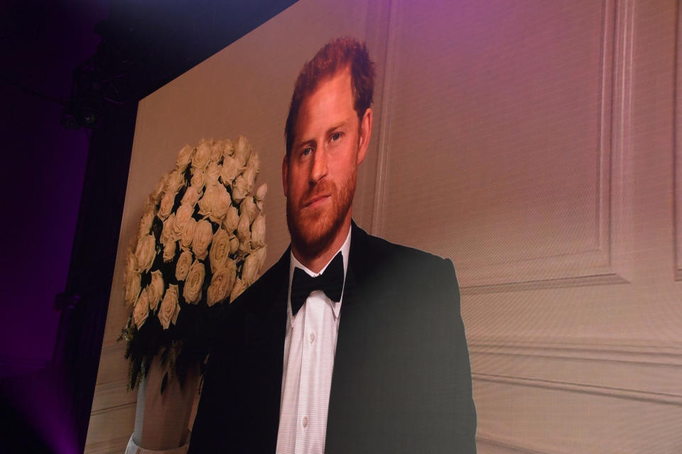 LONDON, ENGLAND - SEPTEMBER 01: Prince Harry, Duke of Sussex appears via video link  at the 24th GQ Men of the Year Awards in association with BOSS at Tate Modern on September 1, 2021 in London, England.  (Photo by David M. Benett/Dave Benett/Getty Images for Hugo Boss UK)