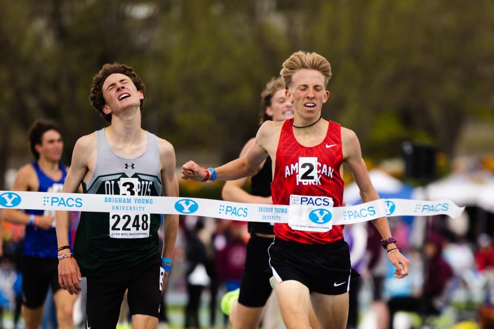 American Fork’s Daniel Simmons wins the boys 1,600-meter during the BYU Track Invitational at the Clarence F. Robison Outdoor Track & Field in Provo on May 6, 2023. | Ryan Sun, Deseret News