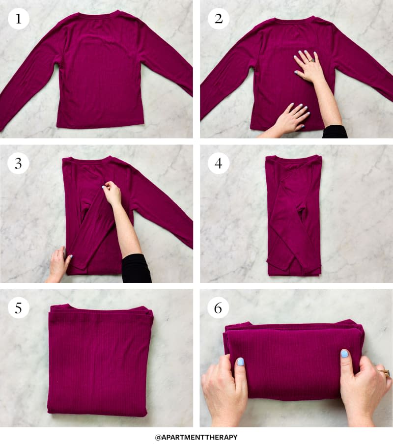 6 steps showing how to fold a shirt: no wrinkle method