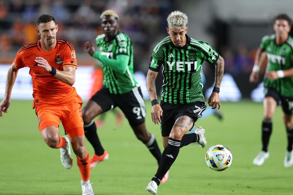 Austin FC midfielder Emiliano Rigoni kicks the ball past Houston Dynamo FC during the second half of Saturday's 1-0 win at Shell Energy Stadium. The win put El Tree in the driver's seat in this year's Copa Tejas competition.