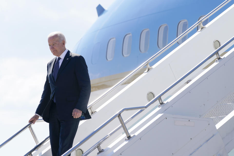 President Joe Biden steps off Air Force One at Geneva Airport in Geneva, Switzerland, Tuesday, June 15, 2021. Biden is scheduled to meet with Russian President Vladimir Putin in Geneva, Wednesday, June 16, 2021. (AP Photo/Patrick Semansky)