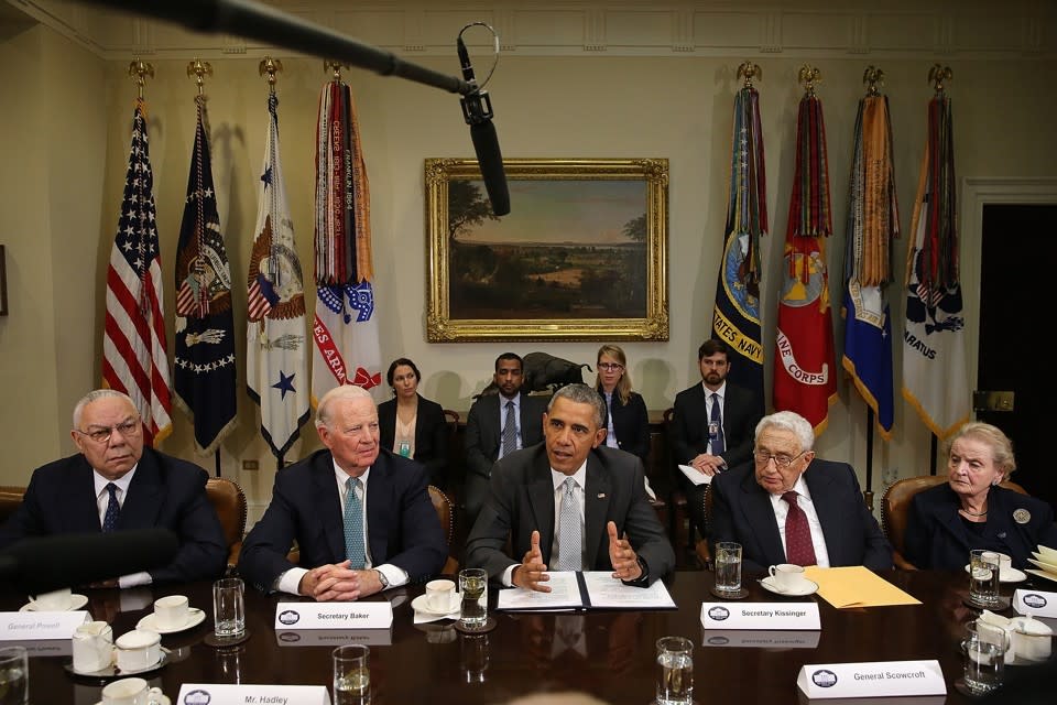 <br> On November 13, 2015, President Barack Obama met with Secretary of State Colin Powell, former Secretary of State James Baker, Obama, former Secretary of State Henry Kissinger, and former Secretary of State Madeleine Albright on the implications of the Trans Pacific Partnership trade pact. (Win McNamee / Getty)