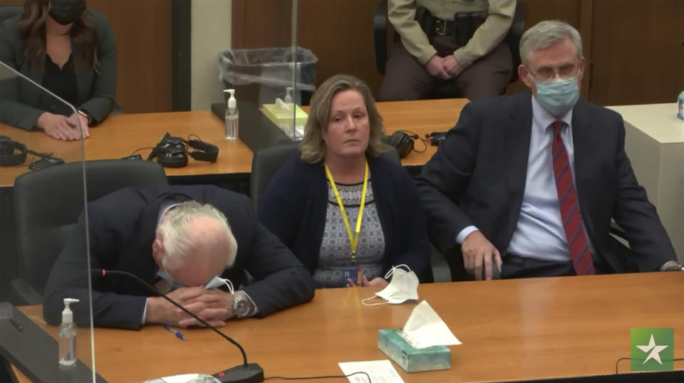 In this screen grab from video, former Brooklyn Center Police Officer Kim Potter center, with defense attorney Earl Gray, left, and Paul Engh sit at the defense table after the verdict is read Thursday, Dec.,23, 2021 at the Hennepin County Courthouse in Minneapolis, Minn. Jurors on Thursday convicted Potter of two manslaughter charges in the killing of Daunte Wright, a Black motorist she shot during a traffic stop after she said she confused her gun for her Taser.(Court TV via AP, Pool)