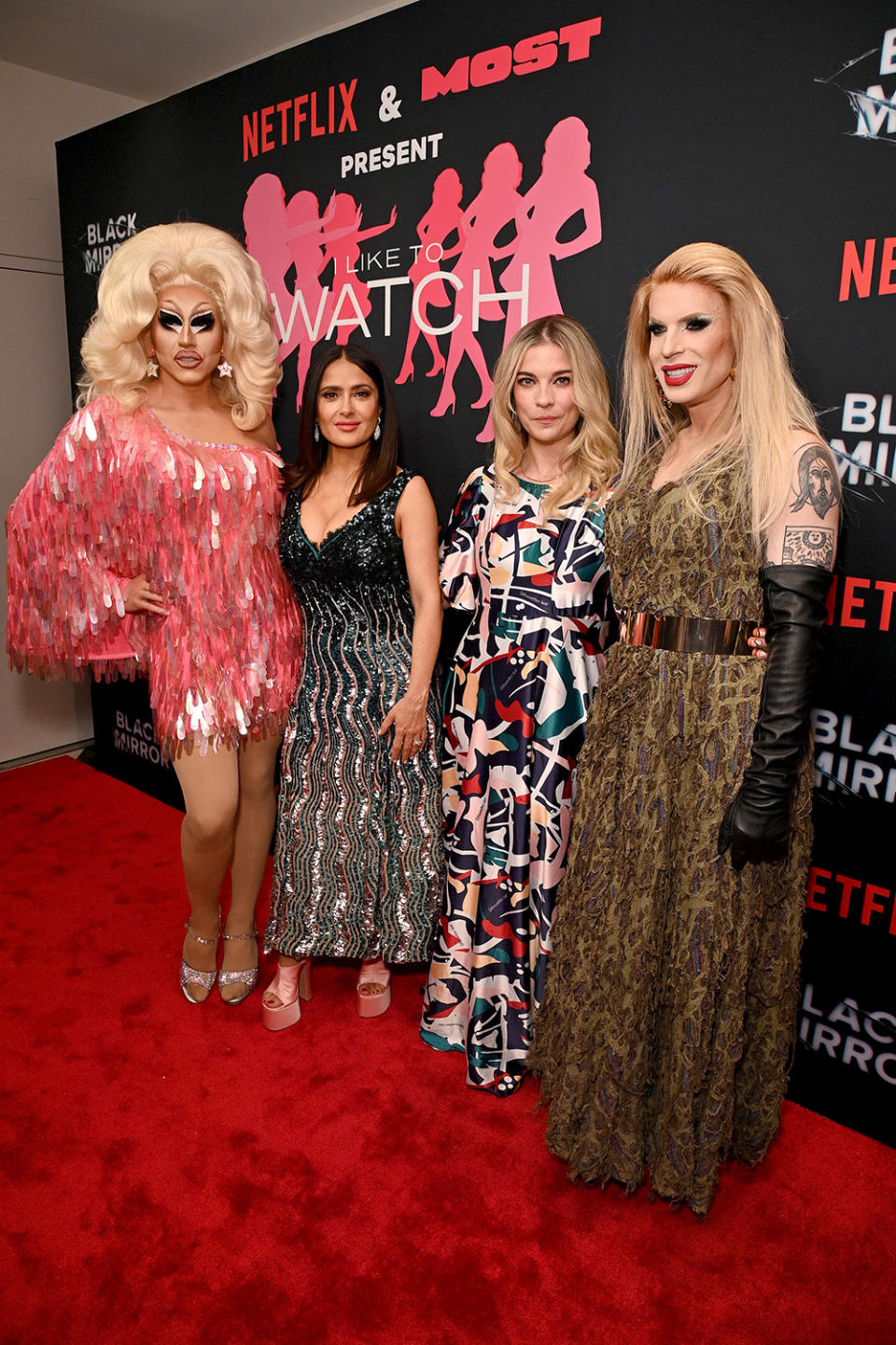 (L-R) Trixie Mattel, Salma Hayek, Annie Murphy and Katya Zamolodchikova attend I Like to Watch LIVE with Trixie Mattel & Katya presenting Black Mirror Season 6 episode 'Joan is Awful' at The Paris Theatre on June 13, 2023 in New York City.