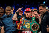 May 7, 2016; Las Vegas, NV, USA; Canelo Alvarez poses for a photo after defeating Amir Khan during their middleweight boxing title fight at T-Mobile Arena. Mandatory Credit: Joshua Dahl-USA TODAY Sports