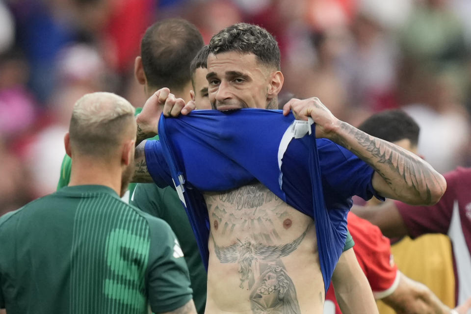 Italy's Gianluca Scamacca reacts at the end of a round of sixteen match between Switzerland and Italy at the Euro 2024 soccer tournament in Berlin, Germany, Saturday, June 29, 2024. Switzerland won the game 2-0. (AP Photo/Ariel Schalit)